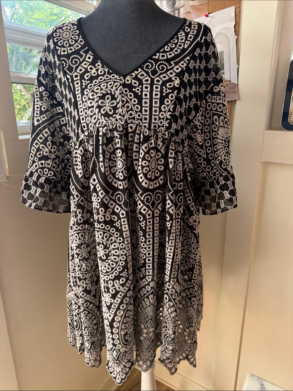 Anthropologie Black and White Embroidered V-Neck Tunic